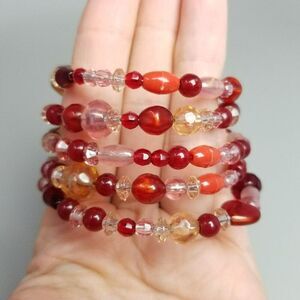 Vintage Red and Pink Memory Wire Coiled Bangle Bracelet, Wide Chunky Estate